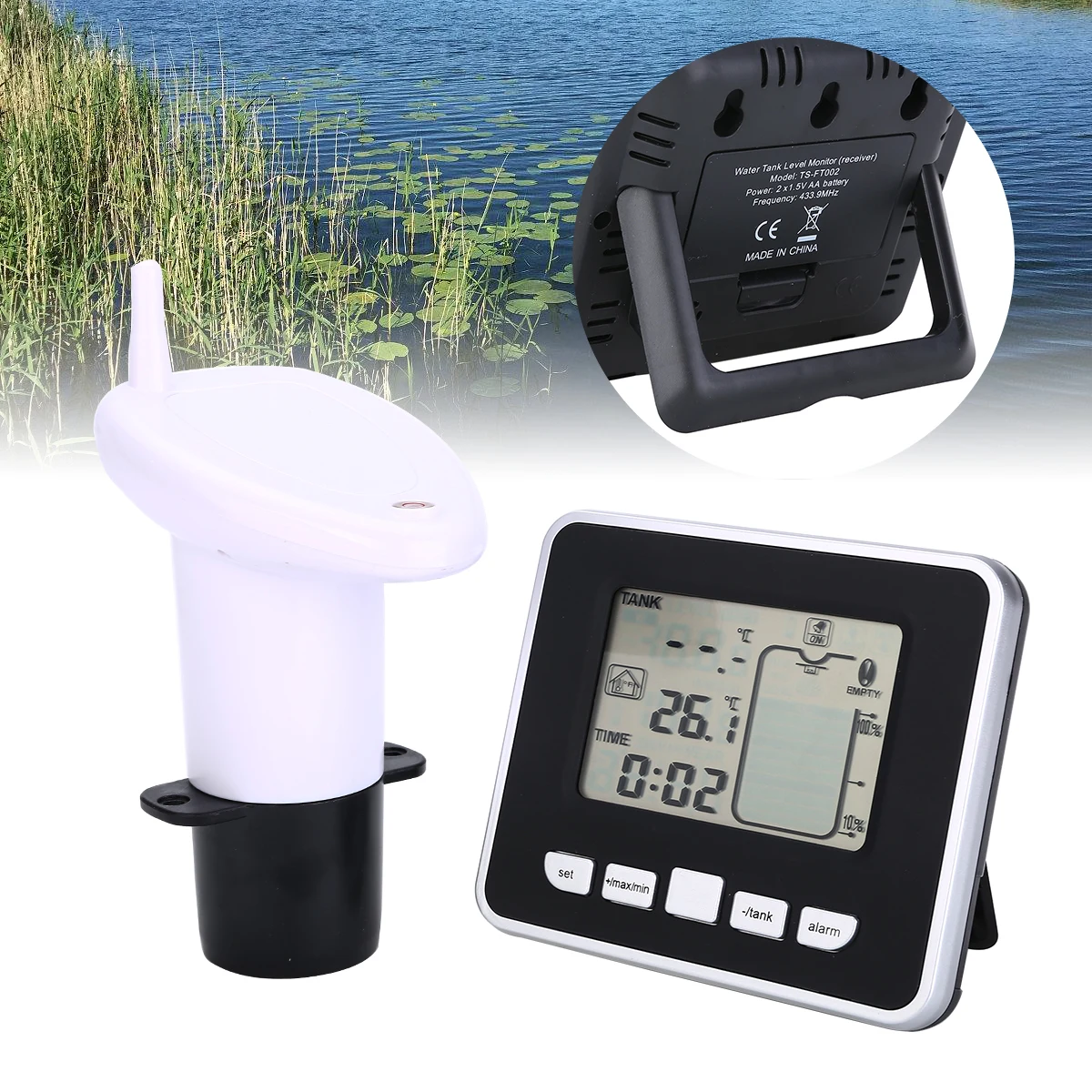 

Ultrasonic Water Tank Level Meter Temperature Sensor Display Time Low battery Indicator Measuring Instruments