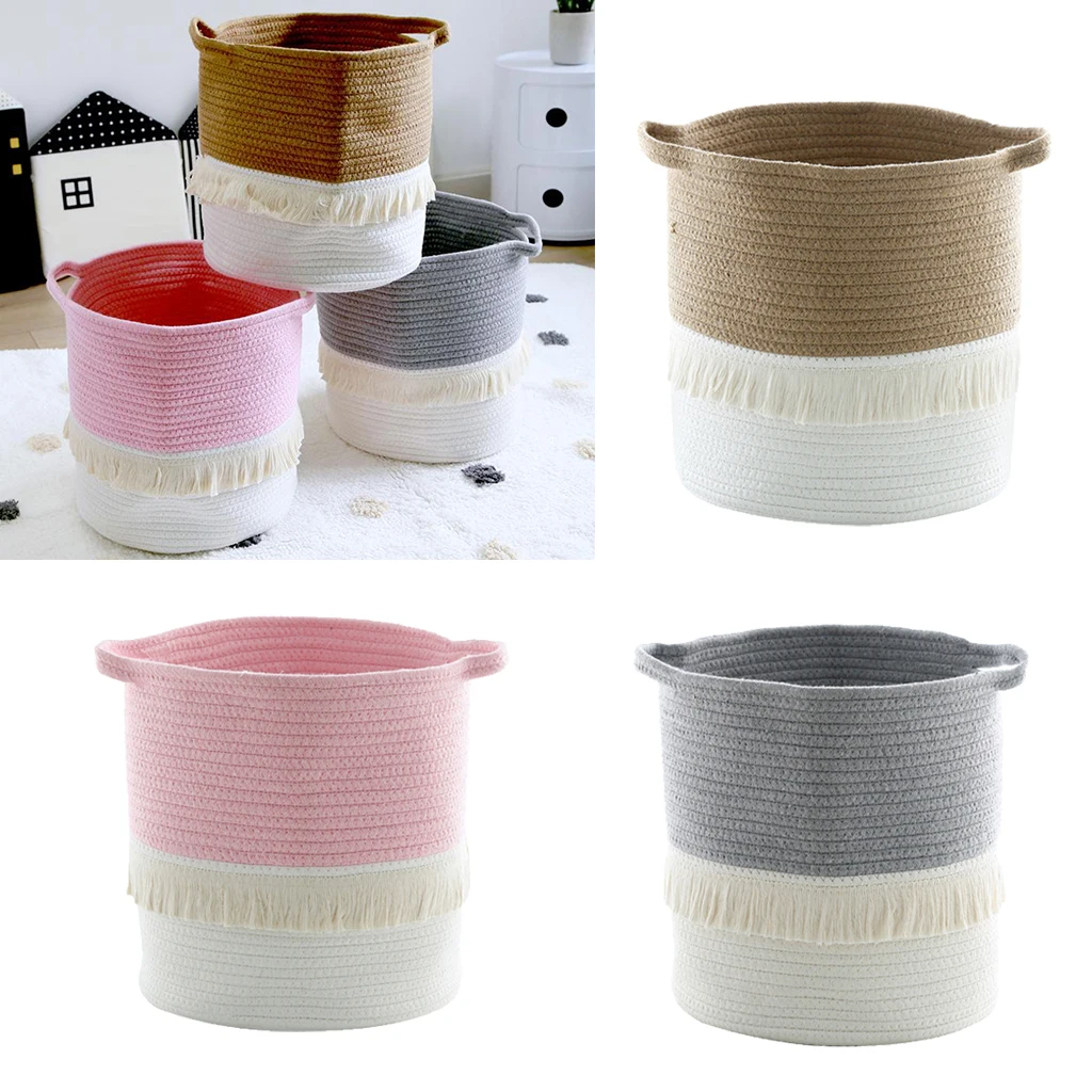 Cotton Rope Knitted Pompom Decor Laundry Basket Toy Storage Bucket Photo Prop Toy Basket Bucket Organizer