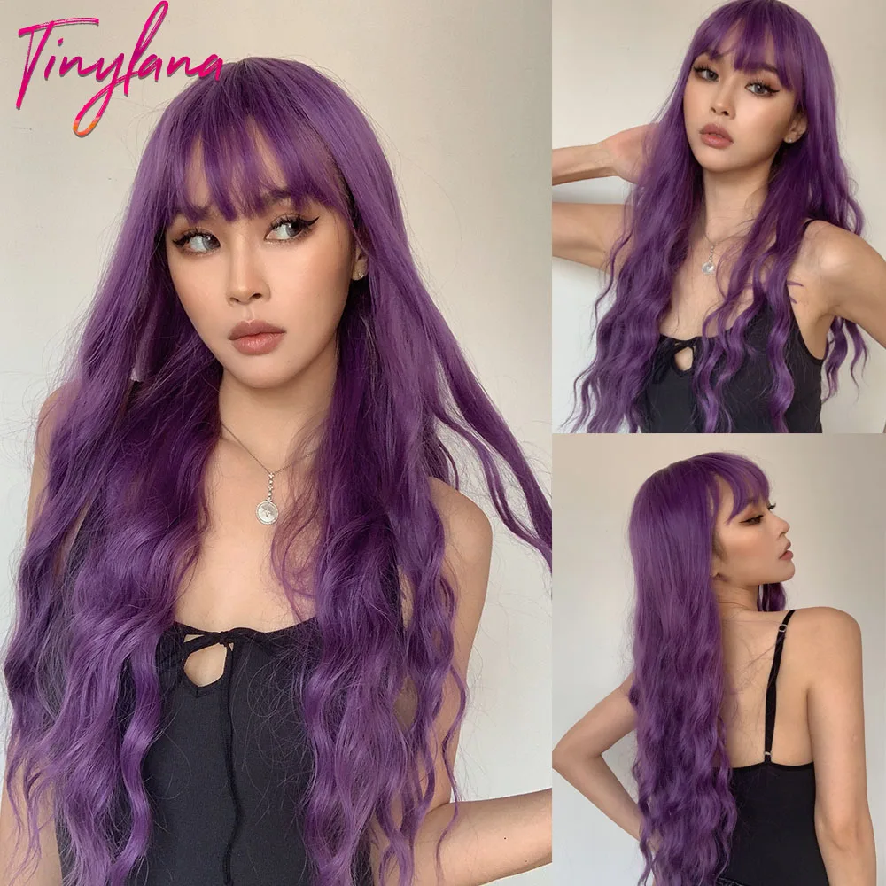 Parrucca sintetica viola rosa con frangia parrucche lunghe per capelli  ondulati per donna onda d'acqua Cosplay naturale capelli quotidiani  resistenti al calore - AliExpress