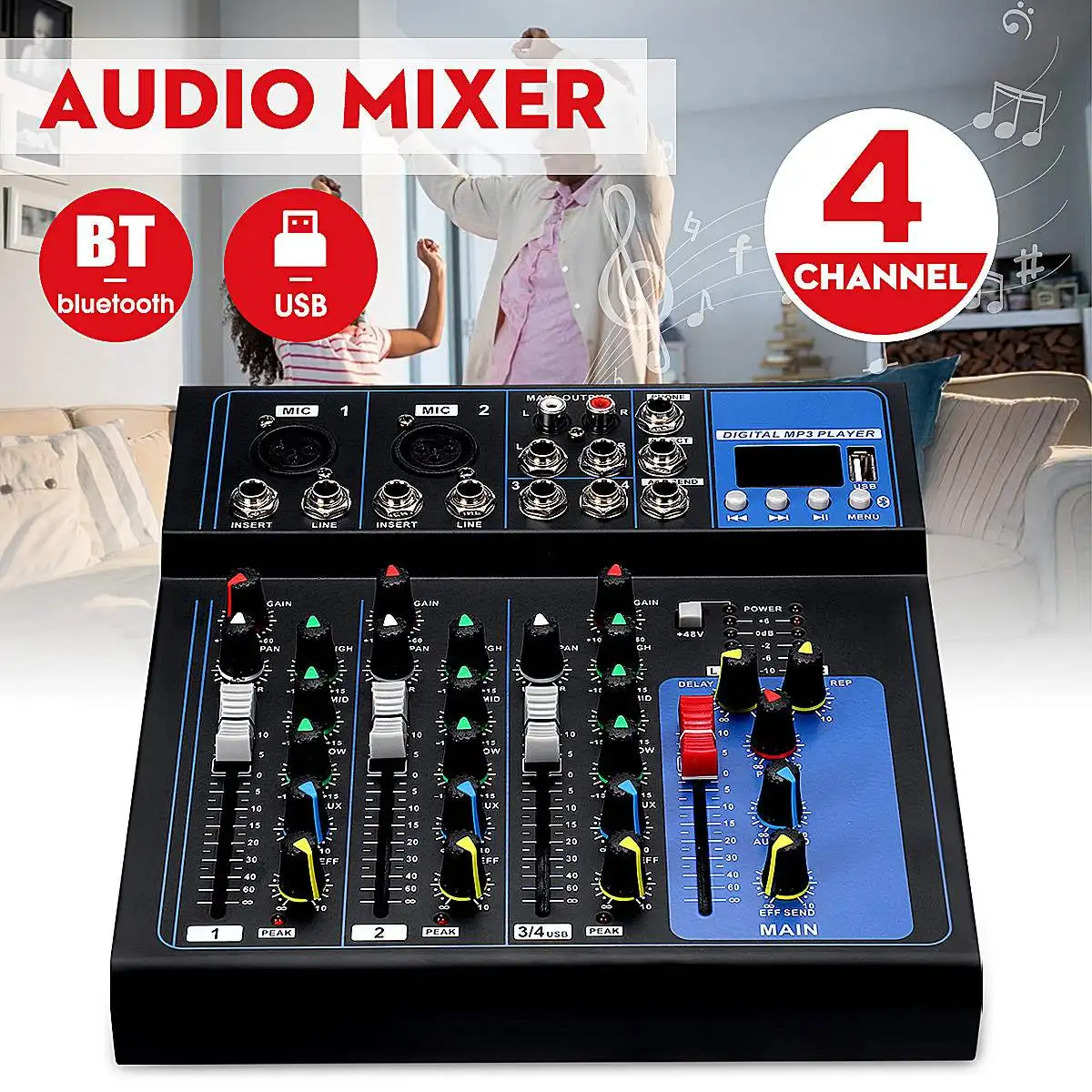 Limited  Portable Bluetooth Audio Mixer w/USB DJ Sound Mixing Console MP3 Jack 4 Channel Karaoke 48V Amplifi