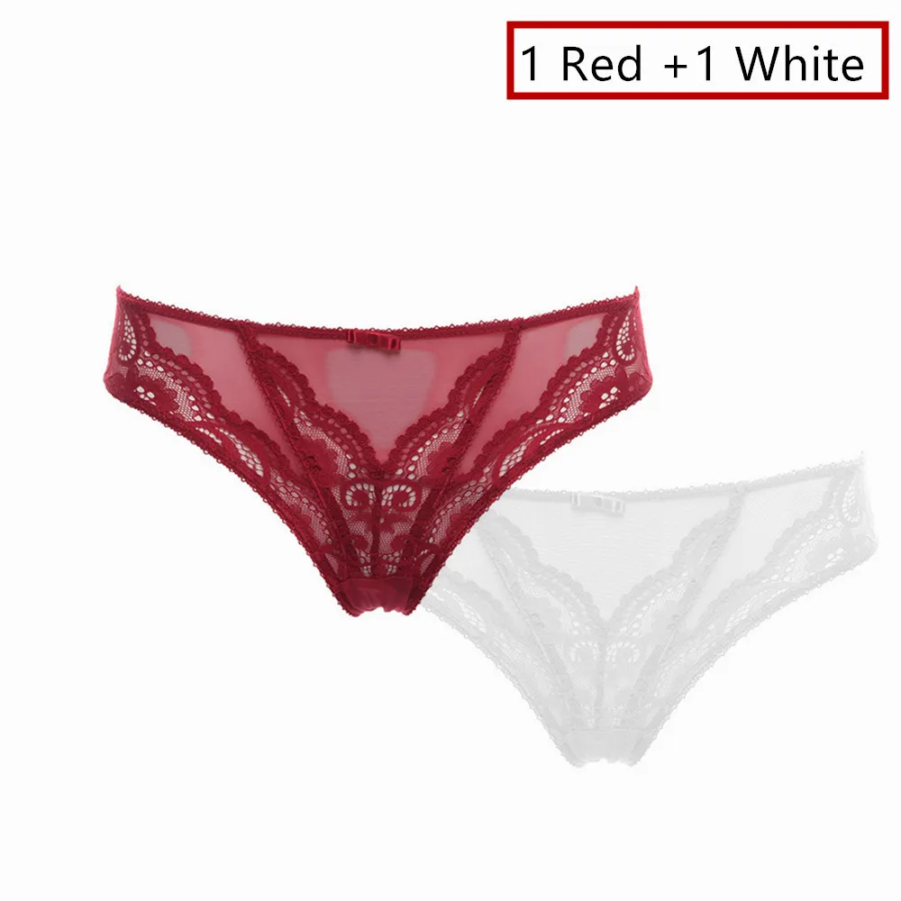 Женские сексуальные трусы-брифы с прозрачным кружевным бантом, красные, черные, белые цветочные трусы, 2 шт./лот - Цвет: Redand White