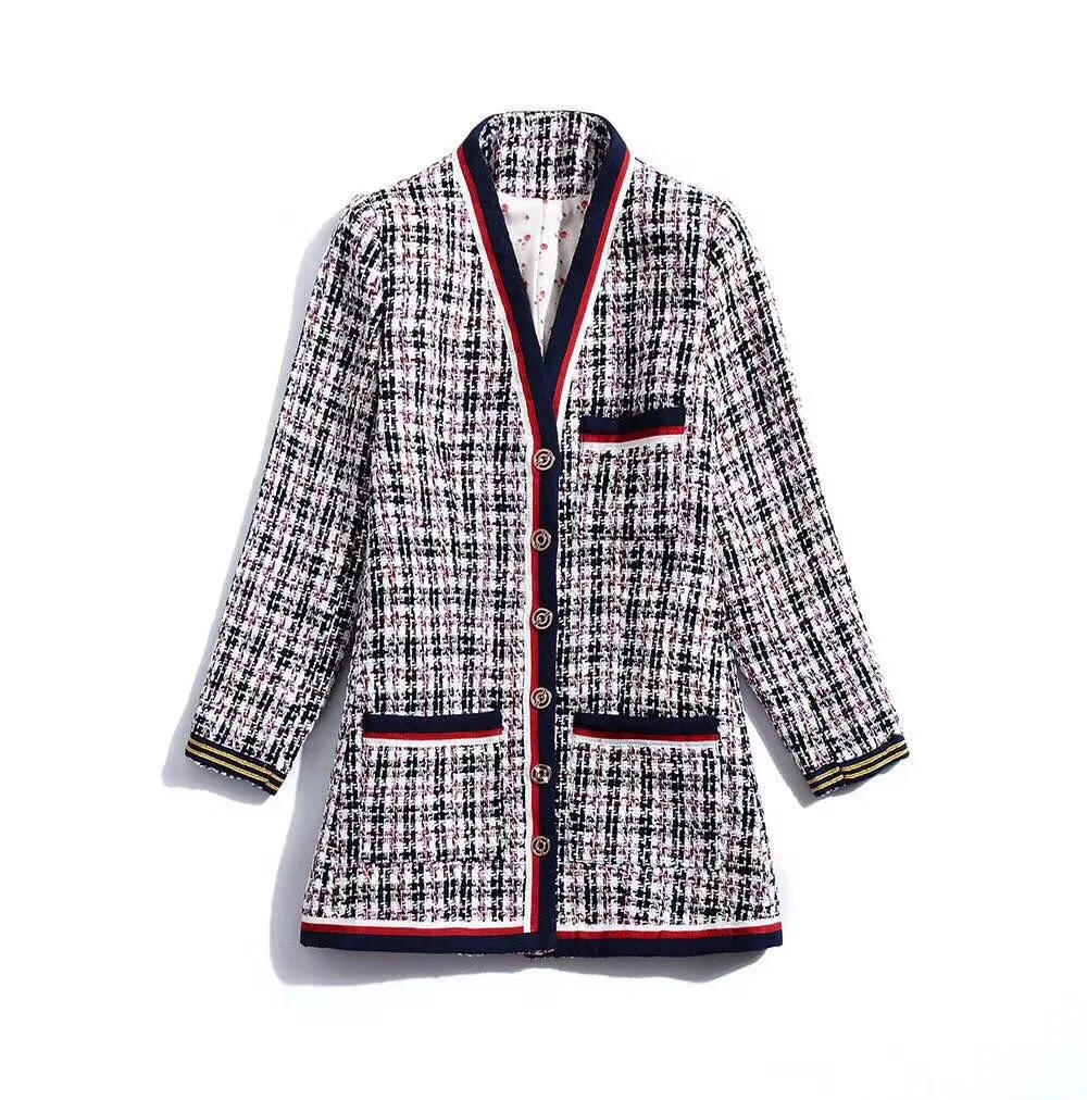 

European and American women's autumn/winter 2019 new style Check print with long sleeves and v-neck Single breasted tweed coat