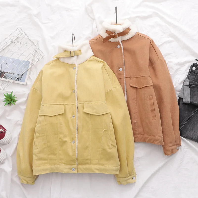 

Hh9740 Winter New Style Korean-style Versatile Fashion Loose Harajuku-Style Brushed And Thick Stand Collar Cotton Clothes Tops F