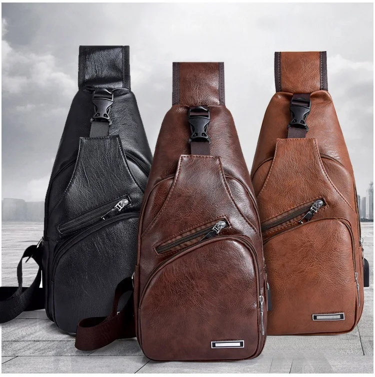 Vintage Leather Sling Waist Bag for Men New Travel Chest Pack Portable USB Charging Crossbody Bags Male Black Shoulder Waist Bag (2)