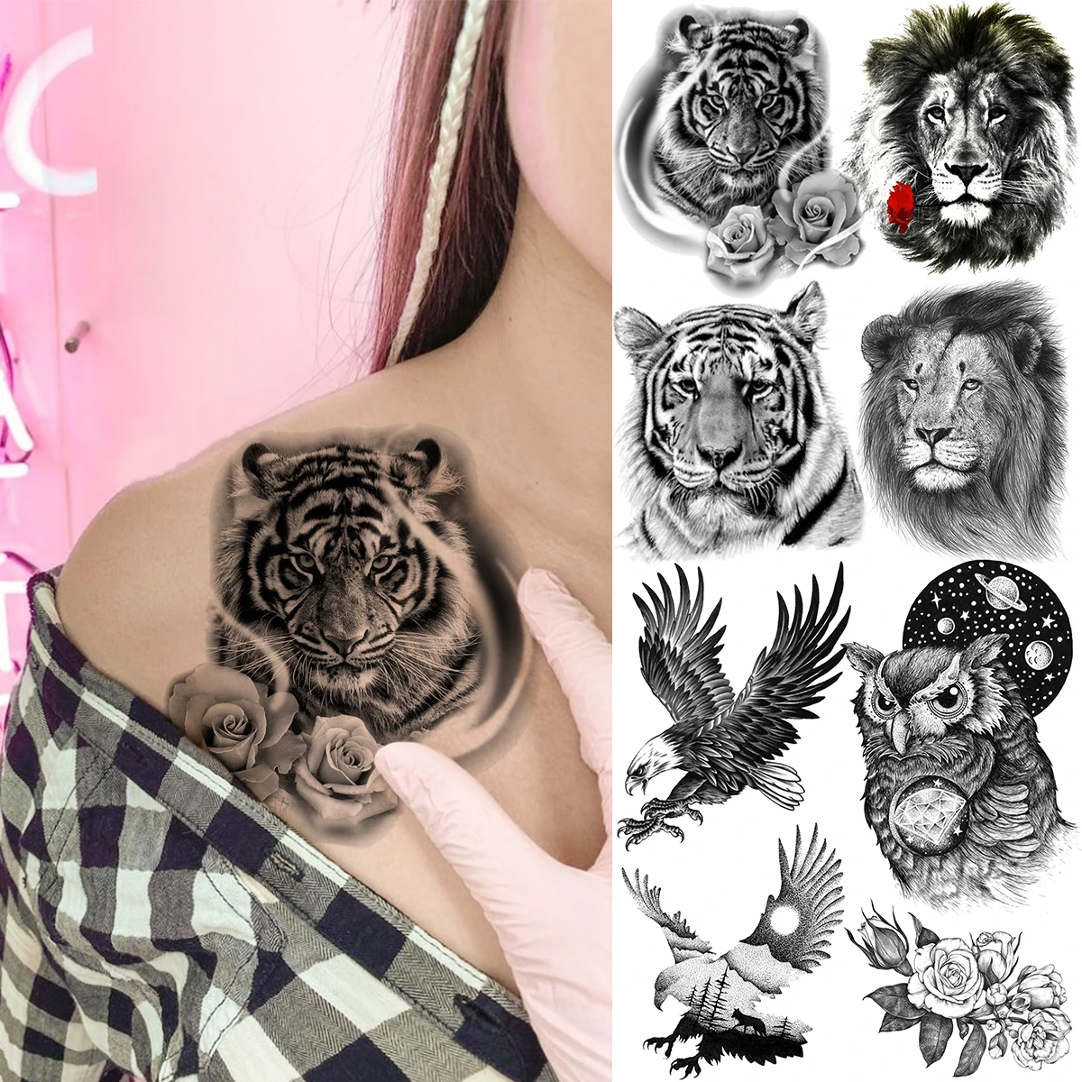 3D Tiger Rose Flower Temporary Tattoos For Women Adult Men Lion Eagle Owl  Fake Tattoo Realistic Body Art Decoration Tatoos Paper|Temporary Tattoos| -  AliExpress