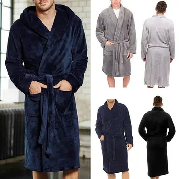 

Men's Fall Long Sleepwear Flannel Robes Shawl Collar Fleece Bathrobe Spa Pajamas Plus Sizes