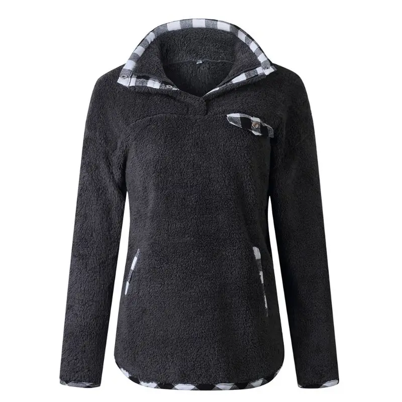 Женский зимний теплый Пушистый пуловер с капюшоном в клетку, водолазка на кнопках, свитшот на пуговицах, повседневный Топ с длинным рукавом DXAD - Цвет: DG-XL