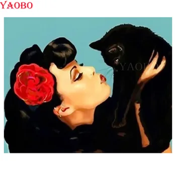 

Yaobo Diamond Embroidery Mosaic Square/Round DIY Diamond Painting Beauty and black cat Picture Of Rhinestones Decoration Home