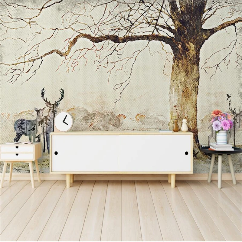 Beibehang-Modern-pastoral-Elk-tree-scenery-TV-background-wall-custom-large-mural-green-wallpaper-papel-de (2)