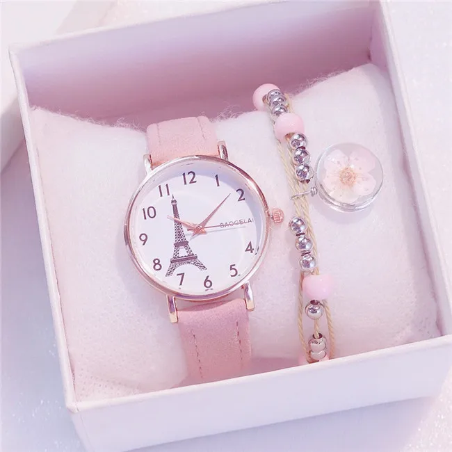 

2 Pieces Fashion Innovation Cool Paris Eiffel Tower Leather Belt Quartz Watch + Flower Bracelets Women Watch
