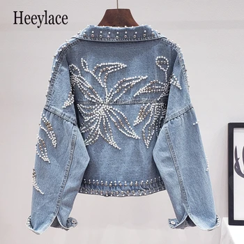 

Heavy Handmade Beaded Rivet Loose Short Denim Jacket Women 2020 autumn Jeans Jacket Girls Loose Denim Coats jaqueta feminina