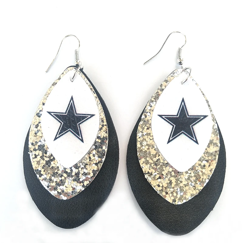 Новинка, Dallas Cowboys,, тройные блестящие футбольные кожаные серьги, 3D, три слоя листьев, каплевидные серьги, командные подарки на заказ