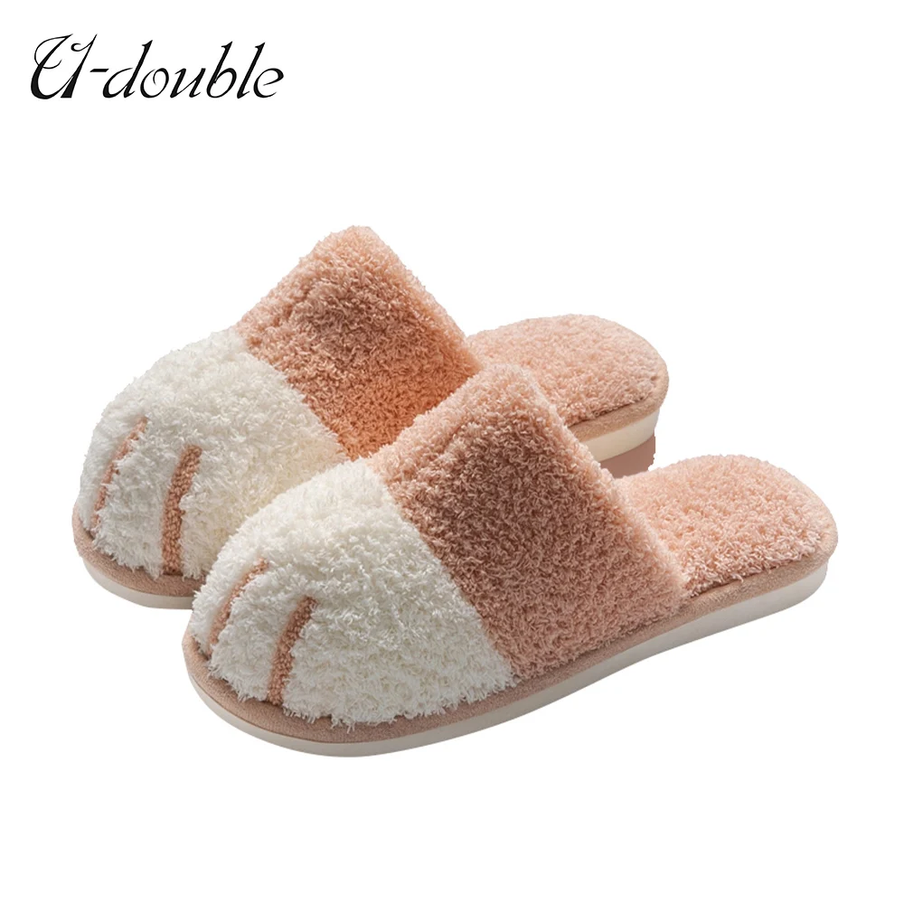 U-DOUBLE Winter Lndoor Ladies Cotton Shoe Big Size 45 Cat Paw Men Women Furry Slides Plus Velvet Warm Soft Bottom Female Slipper | Обувь