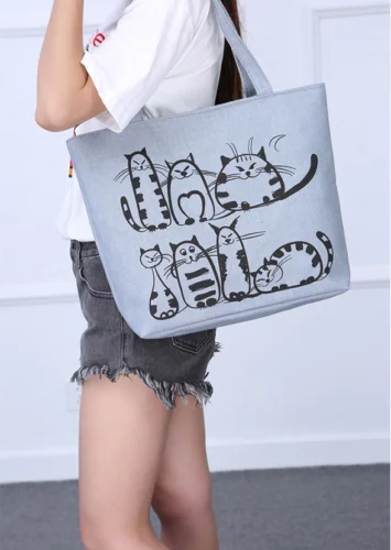 New Fashion Hand Drawn Cartoon Cat Canvas Bags Printed Beach Zipper Large Capacity Bag Tote Shopping Handbags | Багаж и сумки