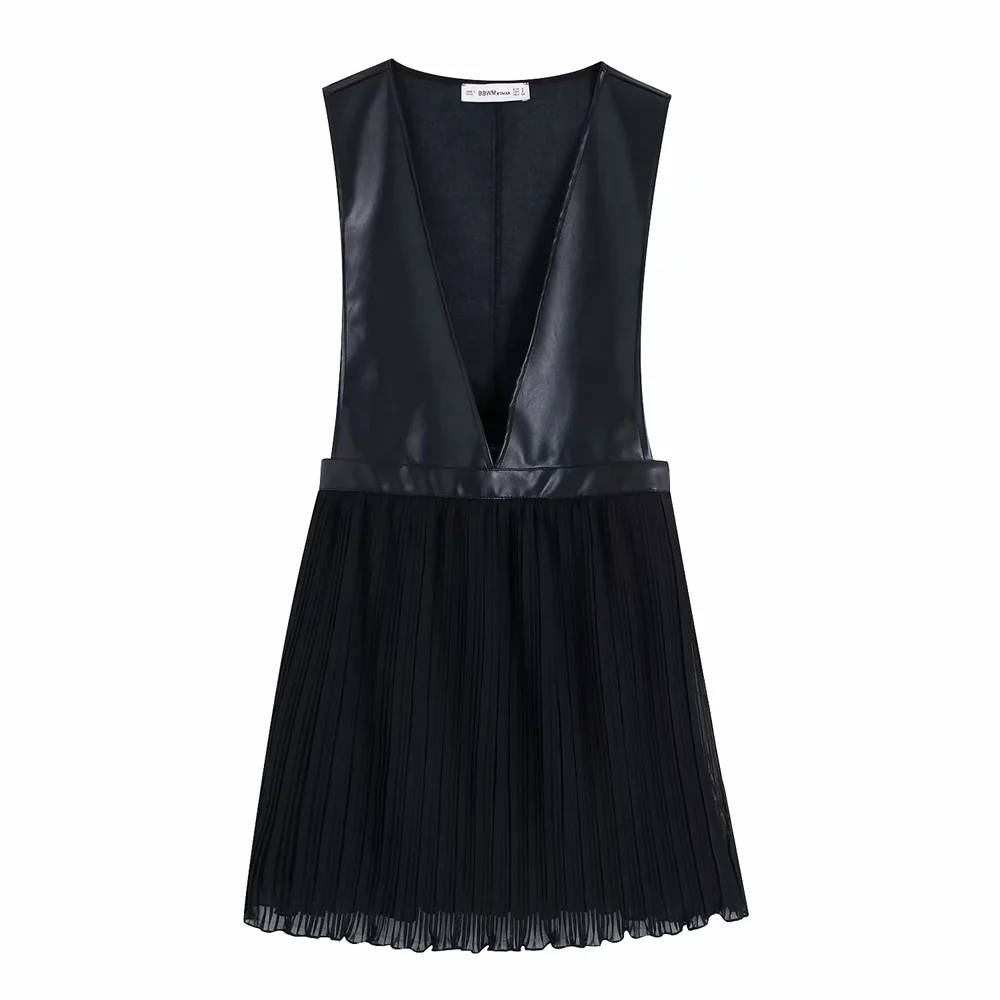 Новое плиссированное платье средней длины из искусственной кожи с v образным