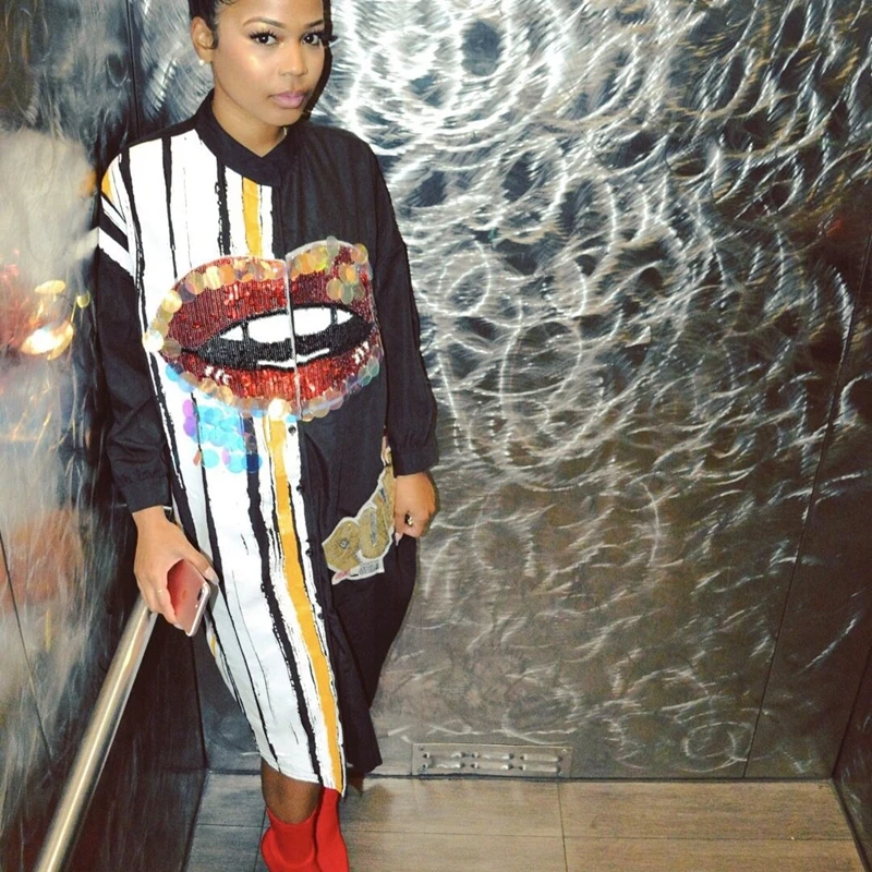 Beste Lange Mouwen Jurk Vrouwen Herfst Mode Stand Kraag Button Up Blouse Jurk Dames Streetwear Oversized Sequin Shirt Jurk