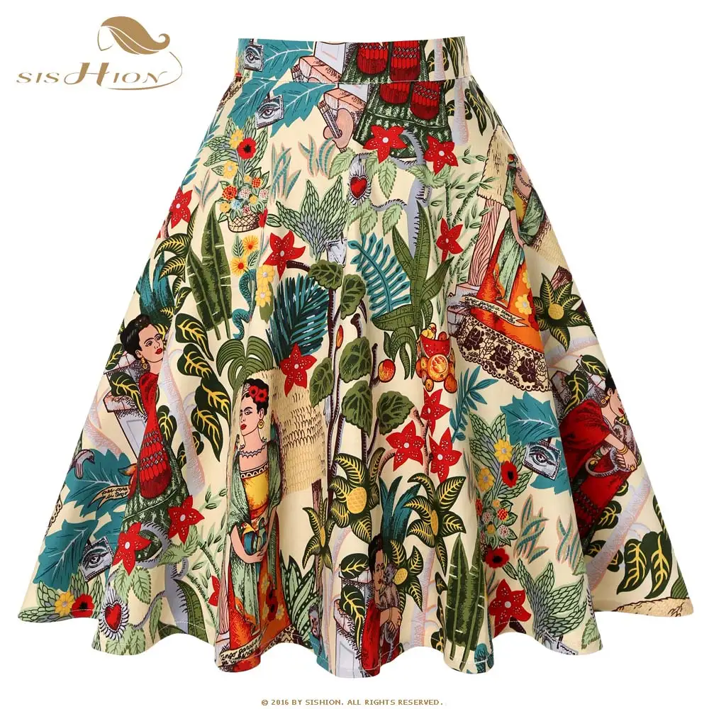 SISHION, женские юбки с цветочным принтом, летние, зеленые, с высокой талией, повседневные, Ретро стиль, для свинга, приталенная, миди юбка, faldas mujer VD0020 - Цвет: ApricotFrida