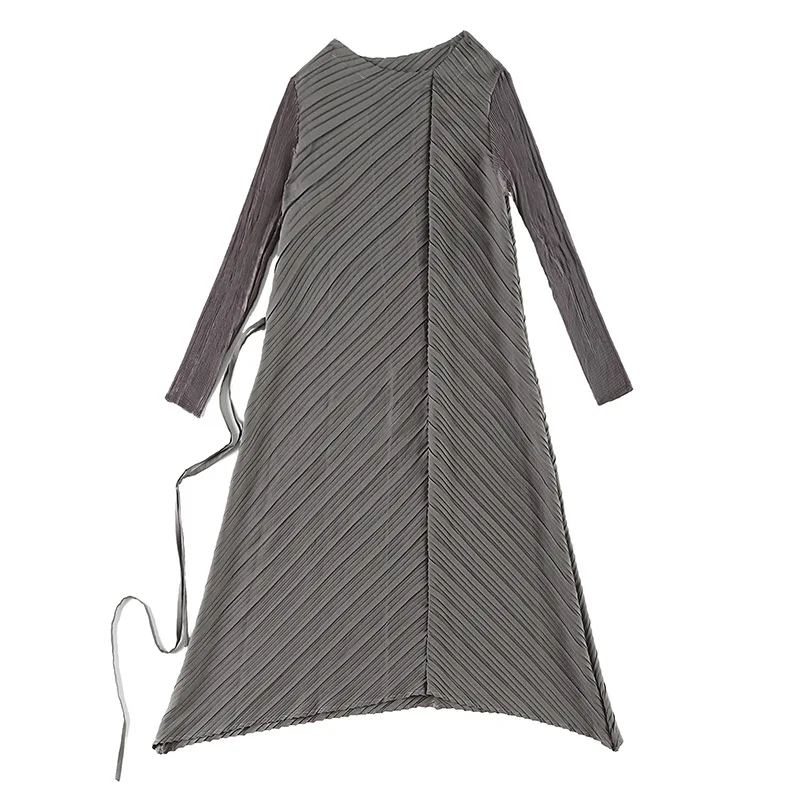 Miyake плиссированные платья, однотонное повседневное свободное платье, женское складное платье с круглым вырезом и длинными рукавами по колено, новое осеннее модное платье