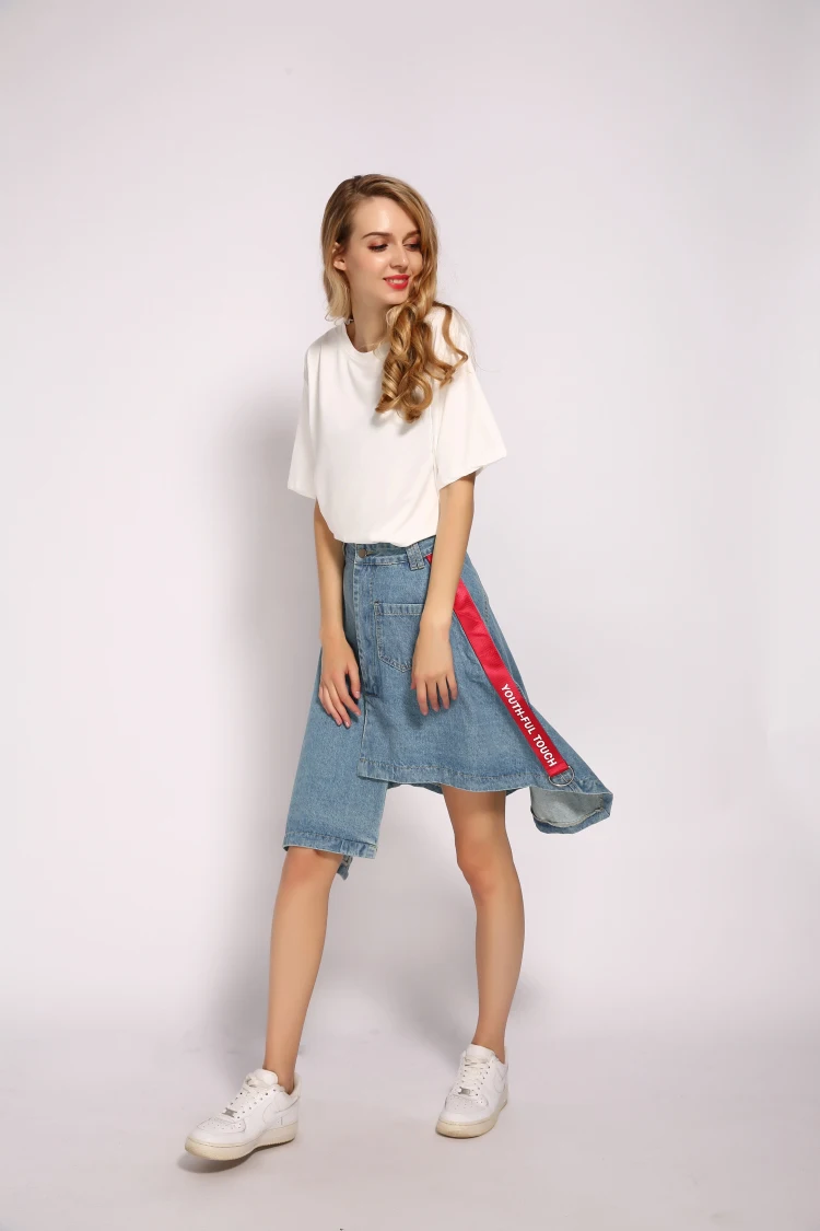 Denim Skirt High Waist A-line Mini Skirts Women New Single Button Belts Pockets Blue Jean Skirt Style Saia Jeans skater skirt