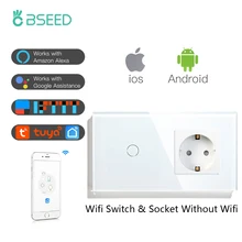 Сенсорный светильник ель света BSEED с Wi-Fi, 1/2/3 клавиши, 1/2/3 каналов, умный настенный выключатель Smart Life APP, стеклянная панель с розеткой европейс...