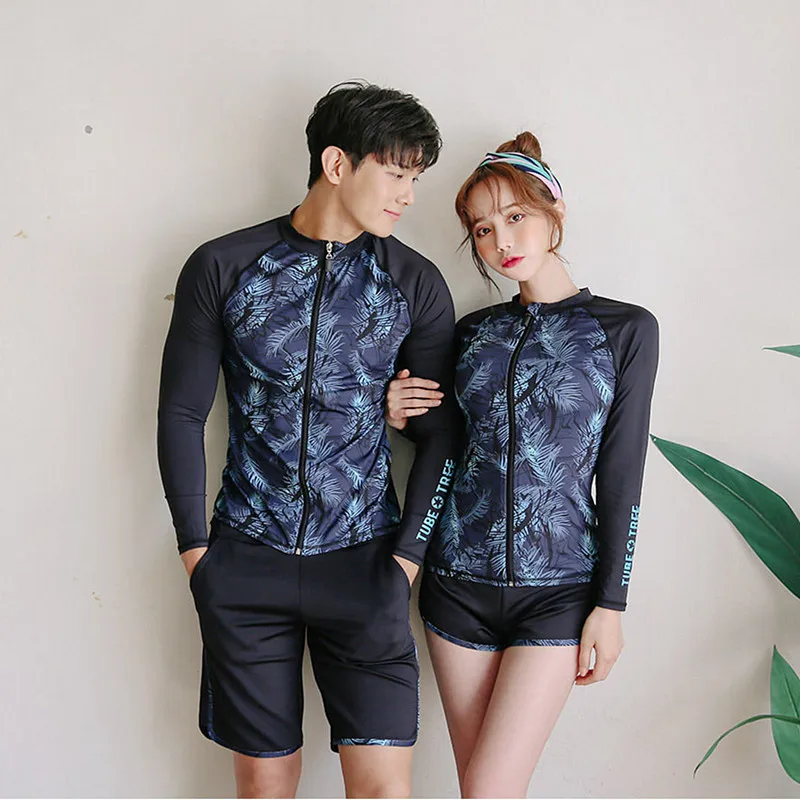 Men's 2 pcs / Women's 3 pcs Set Zip Front Long Sleeve Top and Bottoms Rashguards Swimsuit Swim Sun Shirt Trunks Matching Couples
