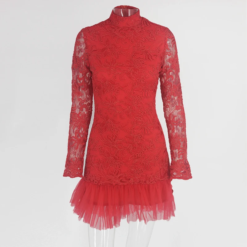 Ceremokiss летнее Красное Кружевное элегантное платье для женщин Цветочные сетчатые облегающие платья с длинным рукавом Вечерние мини-фестивальные Вечерние платья Vestido Femme - Цвет: Красный