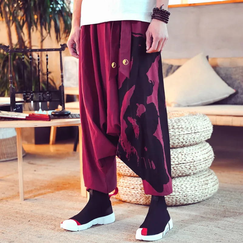 

AreMoMuWha Autumn Loose Nine-point Harem Pants Plus Size Chinese Style Men's Wide-leg Bloomers Casual Trousers Men's Trend Pants