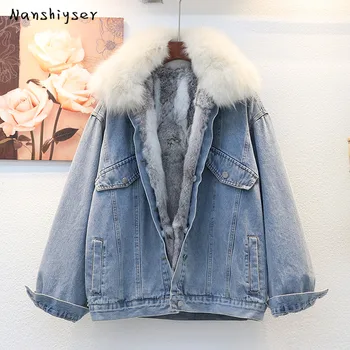 

Big Fur Collar Women Denim Coat Removable Rabbit Fur Liner 2020 Winter Soft Plush Thick Casual Harajuku Woman Blue Jean Jacket
