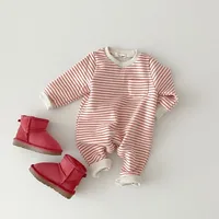 2024 Spring New Baby Striped Romper Boys Girls Simple Striped Casual Jumpsuit Winter Infant Fleece Warm Clothes 6