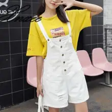 Летние корейские повседневные модные джинсовые шорты-комбинезоны, однотонные свободные шорты с дырками для женщин Xnxee