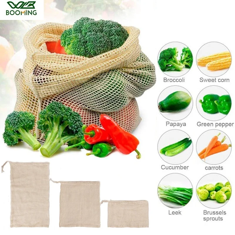 

WBBOOMING Kitchen Vegetable Fruit Storage Bag Cotton Mesh Drawstring Bag Foldable Reusable Washable Easy Carry Bag