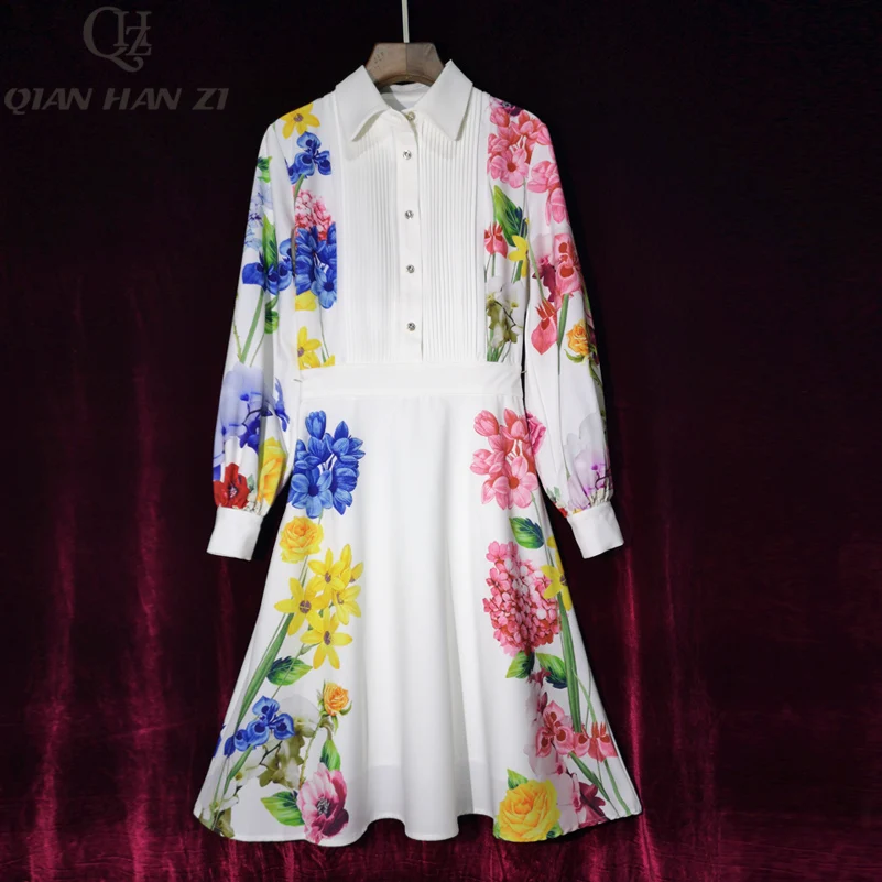 

Qian Han Zi 2020 Spring Designer Fashion Dress Women's long sleeve pleated amazing flower print casual slim elegant white dress