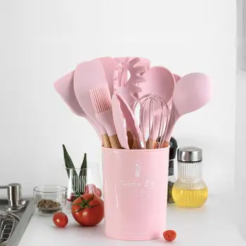 

12PCS Silicone Kitchenware Utensils Set Kitchen Non-stick Baking Home Wooden Handle Cooking Cooking Tool With Storage Bucket