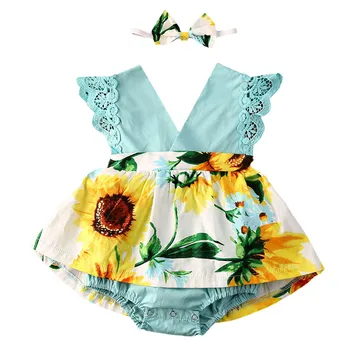

Pudcoco Toddler Girls Kids Sunflowers Ruffles Bodysuits Jumpsuits Dress+Headband Summer Outfits Clothing 0-24M