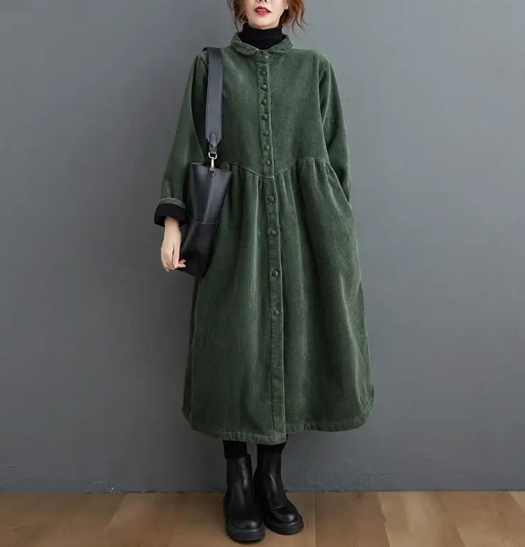 2021 Winter Women Trench Fleece Long-sleeved Loose Corduroy Solid Color Vintage Fashion Casual Women Long Warm Coat YoYiKamomo