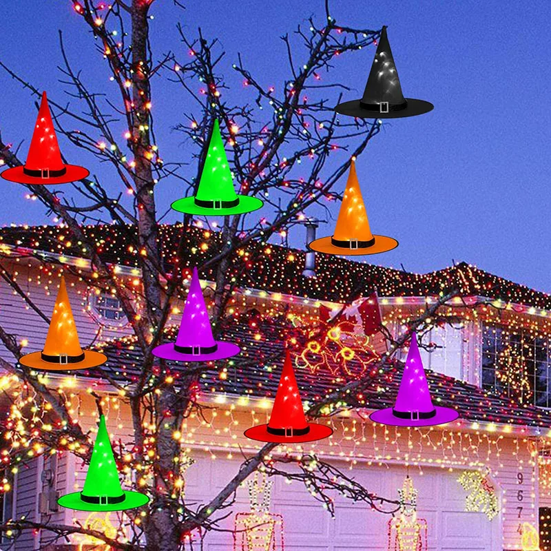 

Halloween Decoration Witch Hat with LED Light Glowing Witches Hat Garden Tree Hanging Decorations Home Halloween Party Supplies