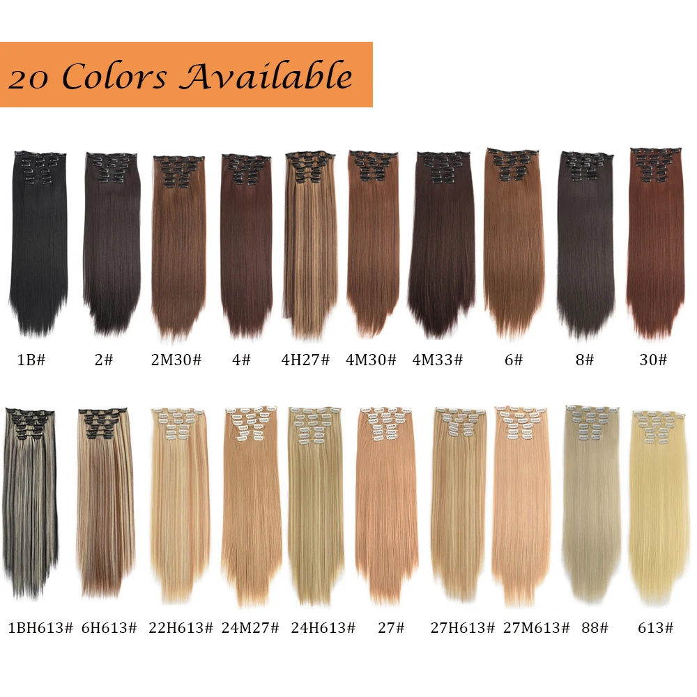 Long straight synthetic blonde hair extensions 16 clips 6Pcs/set high temperature fiber black brown natural hairpiece