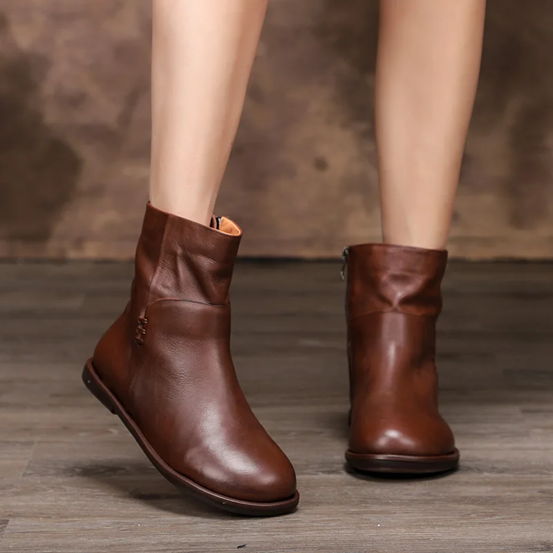 Flat Boots Women Shoes Ankle Boots Genuine Leather Shoes Snow Boots Round Toes Handmade Vintage Short Plush Female Warm Boots