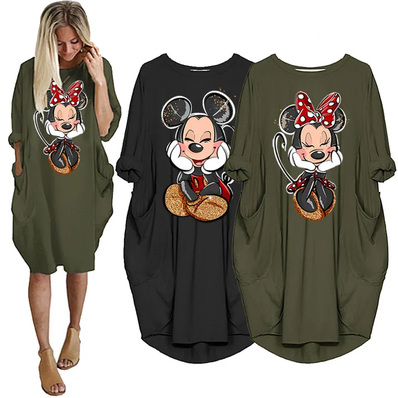 Disney Plus Size Midi Dress Long Sleeve Robe Casual Minnie Mickey Mouse Print Beach Loose Dresses Kawaii Sundress Women Clothing