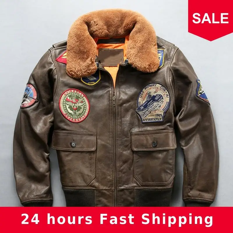 

2020 Brown Men Top Gun G1 Pilot Leather Jacket Wool Collar Plus Size XXXL Genuine Cowhide Short Aviator Leather Coat