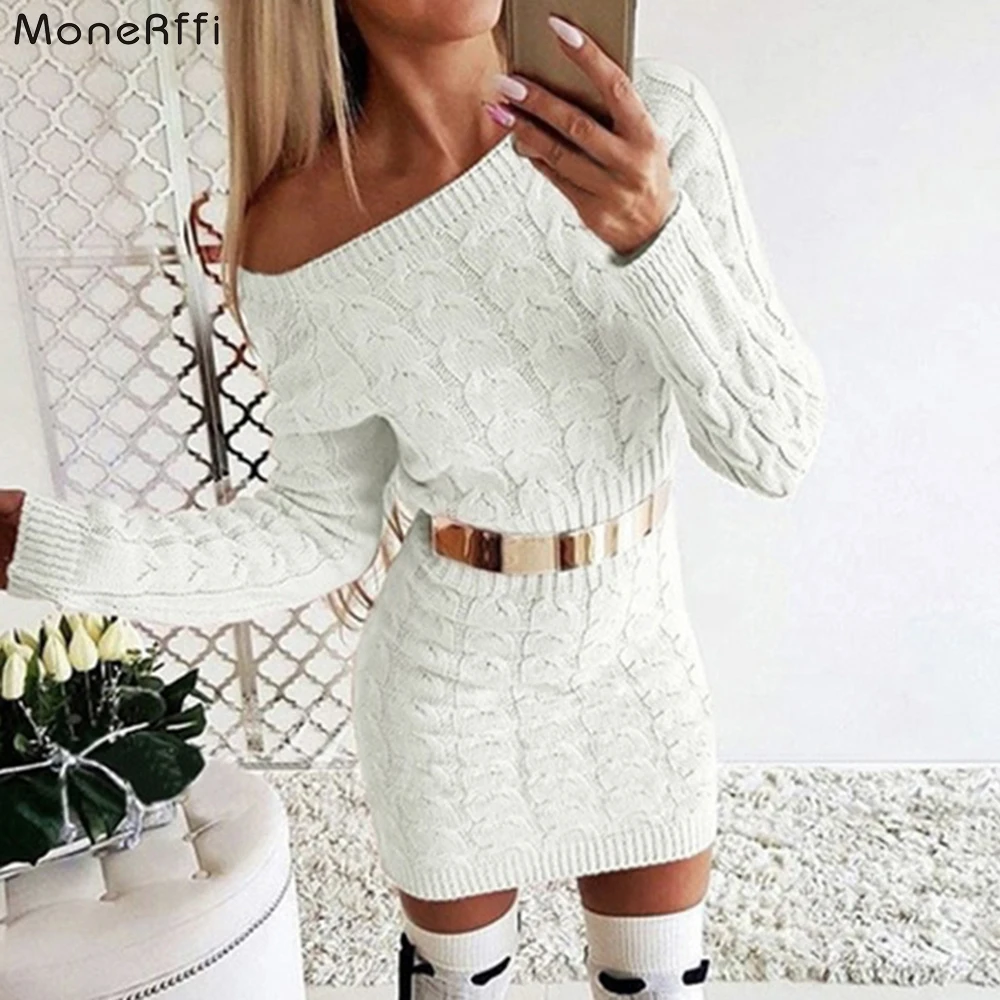 MoneRffi, вязаное теплое женское платье-свитер с длинным рукавом, белое, розовое, черное, vestidos, рождественское облегающее мини платье на осень и зиму, женское платье