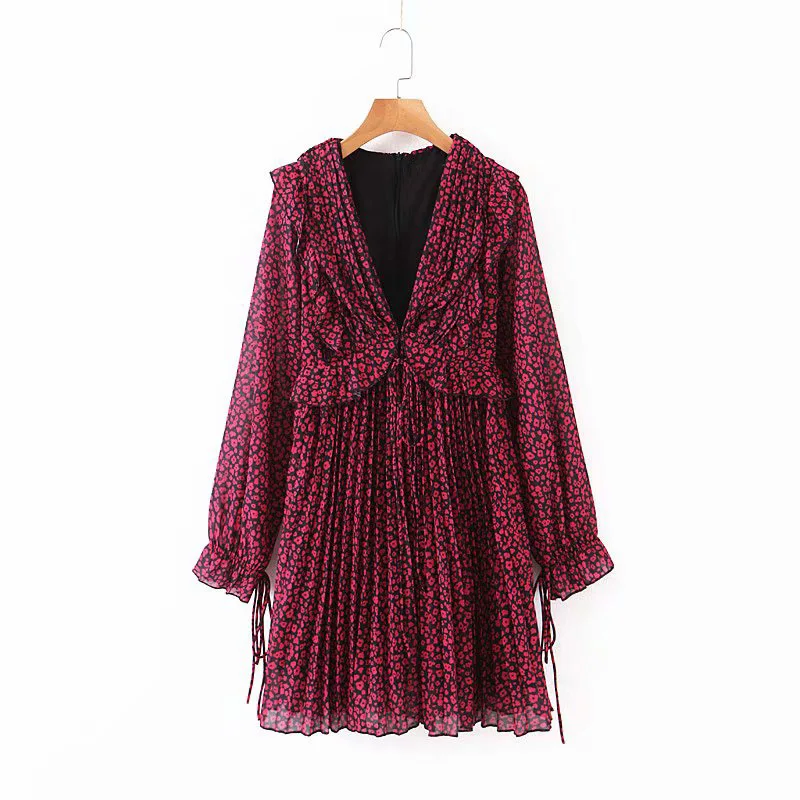 

F8958-Western Style WOMEN'S Dress 2019 Summer New Style V-neck Cuff Lace-up Printed Pleated Dress