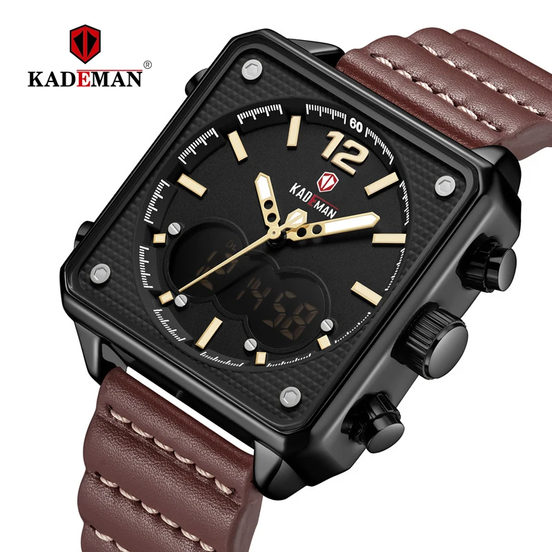 

TOP Brand Dual Display 3ATM Tech Luxury Square Original Sport Watch KADEMAN Male Clock Watch Men Wristwatches New Leather Casual