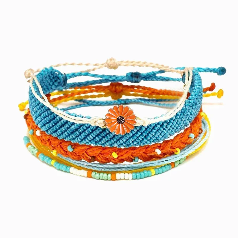 

Hand-woven Daisy Sunflower Blue-Yellow Mixed-color Bracelet Handrope with INS Wind Wax Line in Europe and America