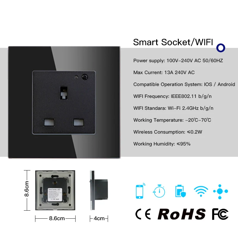 Великобритания WiFi умная настенная розетка 13A стеклянная панель выхода, умная жизнь/Tuya приложение дистанционного управления, работает с Amazon Echo Alexa Google Home