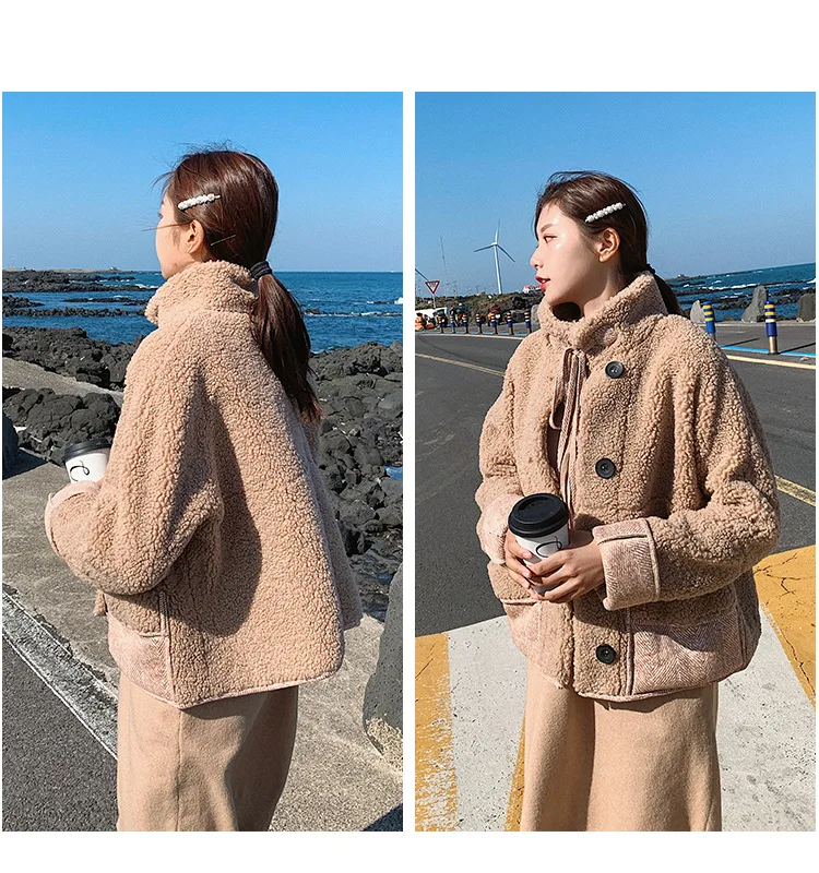Chic Korean-style Short Loose-Fit Lambs Wool Thick Stand Collar Lace-up Best Friend-Cotton Overcoat Women's Winter Fashion