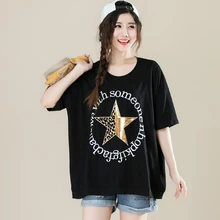 Большие размеры, женская футболка с короткими рукавами, корейские летние Ins футболки с пайетками, с супер блестками, с геометрическим рисунком алфавита