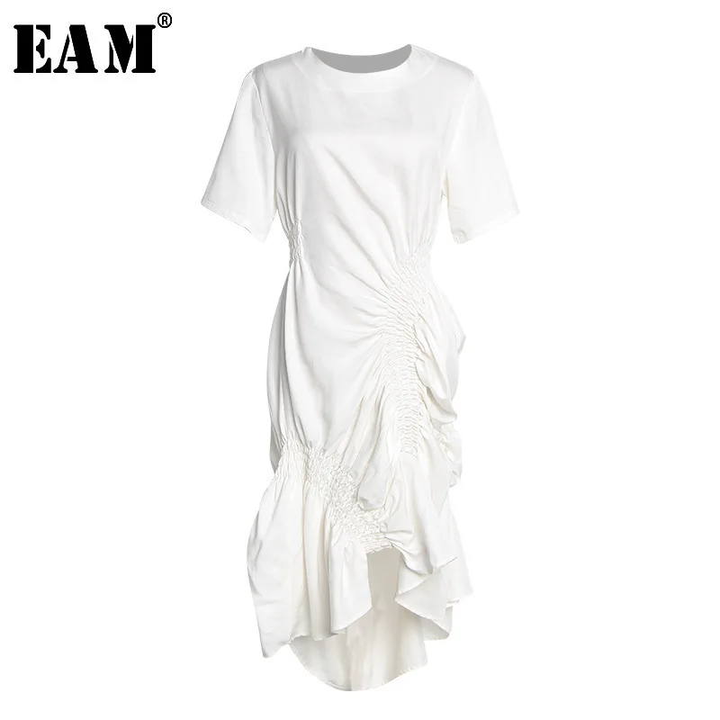 

[EAM] 2020 New Spring Summer Round Neck Short Sleeve White Pleated Fold Irregular Stitch Temperament Dress Women Fashion JT205