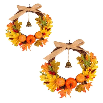 

Autumn Maple Leaf Pumpkin Bell Rattan Front Door Wreath Garland Halloween Decor 425C