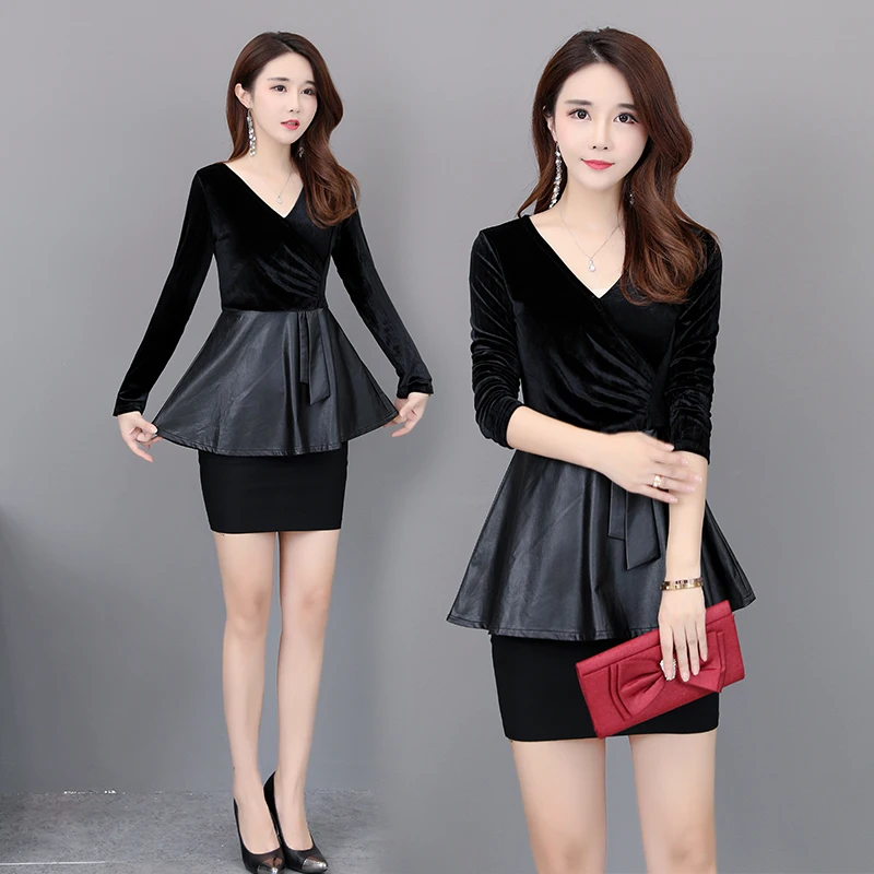  Casual Office Ladies Tops Long Sleeve v Neck Black Ruffles Pu Leather Shirts Bow Sashes Work Wear W